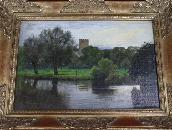 Attributed to William Bright Morris (1844-1896), oil on board, river scene, 25 x 37cm